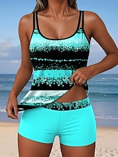 billiga Tankinis-Kvinno Baddräkter Tankini 2 Delar Shorts Baddräkt Rygglöst Semester Strand Kläder Grafisk Geometrisk U-Hals Ärmlösa Badkläder