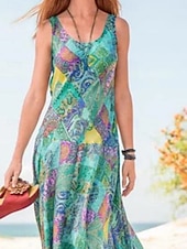 billiga Boho klänningar-Dam Maxiklänning Solklänning Sommarklänning Slipklänning Semester Ledigt Boho Dagligen Normal Blommig Grafisk Ärmlös Axelband Blå Grön Sommar