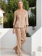 preiswerte Hosenanzüge für Mama-Zweiteiliger Hosenanzug Brautmutteranzug Elegant Einfach Minimalistisch V-Ausschnitt Knöchellang Stretch-Satin 3/4-Länge Ärmel mit Perlen 2025