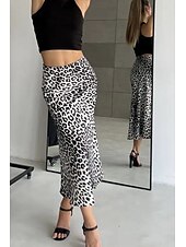 ieftine Fuste grafice-Pentru femei Fustă Casual Maxi Talie Medie Fuste Leopard Imprimeu Micro-elastic Vacanță Stradă Alb Maro Bej Vară Mătase ca satinul