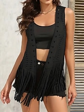 billige Boho topper-Dame Bluse عادي Moderne Fritid Ermeløs V-hals Vanlige topper Daglig Ferie Ut på byen Frynser Svart Brun Kakifarget Sommer