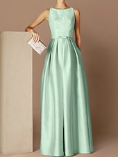 preiswerte Sekt-Strandhochzeit A-Linie Abendkleid Elegantes Kleid Formelle Abend Bodenlanger Ärmellos Schmuck-Ausschnitt Herbst Hochzeitsgast Satin mit Gurt/Ribbon Falten Applikationen 2025