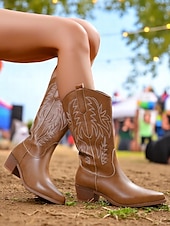 levne Cowboy &amp; Western Boots-Dámské hnědé kovbojské boty v bohémském westernovém stylu – klasické prošívání s blokovým podpatkem pro hudební festivaly, běžné nošení a outdoorové nošení
