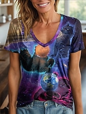 levne Tričko se zvířaty-Dámské tričko Cosmic Kittens od Vincenta Hie s ombré potiskem, zvířecím vzorem, vintage stylové, ležérní, s krátkým rukávem, kulatým výstřihem, výstřihem do V, kulatým výstřihem, regular fit, topy pro každodenní nošení, duhový potisk, léto