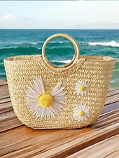 abordables Cabas et fourre-tout-Sac fourre-tout en paille brodé marguerite pour femme - sac fourre-tout de plage d&#039;été avec motif floral, cocotier, citron, style bohème décontracté, adapté aux vacances et à un usage quotidien