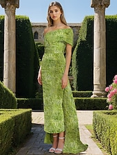 cheap Cocktail Dresses-Clover Jacquard Cocktail Dresses Elegant Dress Formal Wedding Guest Tea Length Midi Length Sleeveless Off Shoulder Ruched Detail with Bow(s) Wedding Guest Dress