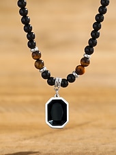 cheap Men&#039;s Jewelry-Men&#039;s Black Onyx Beaded Necklace with Tiger Eye Accents and Silver Pendant – Stylish Gift for Casual and Formal Occasions