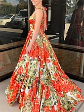 levne Večerní šaty-A-line šaty quinceanera elegantní šaty svatební svatební host dlouhé bez rukávů láskyplný výstřih s květinovým potiskem šaty pro svatební hosty