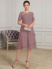 abordables Longueur du thé-Robe mère de la mariée A-Line élégante formelle à col bijou longueur thé en chiffon à courte manche avec dentelle taille sur mesure gratuite