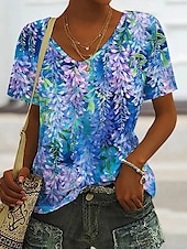 abordables T-shirt floral-Femmes T-shirt A Ombre Graphique Mode Hawaïen Occasionnel manche longue Col en V Hauts Réguliers Quotidien Sortir Week-end Imprimé Bleu Été Printemps