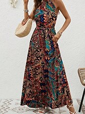 billiga Boho klänningar-Dam Maxiklänning A linjeklänning Off Shoulder Klänning Semester Ledigt Boho Utomhus Utekväll Normal Grafisk Paisley Ärmlös Halterneck Blå Purpur Brun Aprikos Sommar
