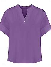 voordelige Overhemden-Dames Blouse Effen Basic Casual Korte mouw Gekerfde nek Normale tops Dagelijks Knop Zak Rood blauw Paars Beige Zomer Lente