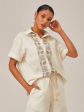 economico Bluse e camicie-camicia in lino stampato con polsini arrotolati