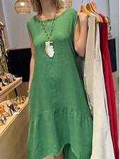 cheap Design Cotton &amp; Linen Dresses-Women&#039;s Midi Dress A Line Dress Summer Dress Casual Daily Holiday Beach Regular Fit Plain Sleeveless Crew Neck Yellow Red Green Summer