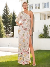 abordables FLORALES-Robe de soirée en dentelle ornée de sequins haute fente invitée de mariage longueur de sol manches courtes épaule unique en dentelle avec fente froncée
