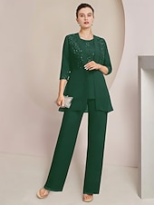 levne Máminy kalhotové kostýmy-Plážový svatební overal  kalhotový oblek 3 díly pro matku nevěsty formální svatební host elegantní šaty s kulatým výstřihem podlahová délka z chiffonu krajky třpytivé 3/4 délka rukávu s krajkovým
