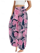economico Pantaloni in cotone e lino con grafica-Per donna Pantaloni ispirati al lino Gamba larga Pantaloni Stile Etnico Casual Boho Lunghezza intera Vita Alta Floreale Foglia Tropicale Tasca Elastico in vita Stampa Traspirabilità Morbido