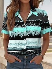 preiswerte Damen Kunst- und Design-Oberteile-Damenhemd Langarm Bluse Knopfdown Grafik Geometrisch Täglich Lässig Kurzarm Hemdkragen Reguläre Oberteile Täglich Pink Blau Grün Sommer Frühling
