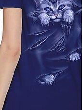 お買い得  動物のTシャツ-女性用 Tシャツ 夏のトップス グラフィック 猫 クラシック カジュアル 半袖 クルーネック クロップトップ 日常 週末 プリント ネービーブルー 夏 春 秋