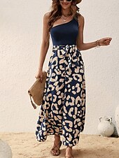 abordables Robes fleuries élégantes-Femmes Robe Midi Robe Décontractée Robe d&#039;été Élégant Mode Moderne Quotidien Plage Week-end Coupe régulière Léopard Sans manches Une Épaule Noir bleu marine Été