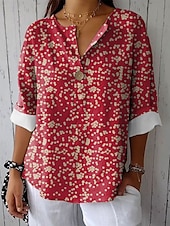 cheap Art&amp;Design Tops-Women&#039;s Shirt Floral Graphic Vintage Tropical Hawaiian Long Sleeve V Neck Regular Tops Daily Holiday Beach Wear Print Red Blue Purple Green Summer Spring