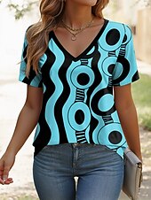 cheap Boho tee-Women&#039;s T Shirt Graphic Geometric Vintage Stylish Classic Short Sleeve V Neck Regular Tops Daily Weekend Print White Blue Purple Green Summer Spring