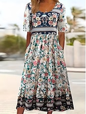 levne Boho šaty-Dámské Midi šaty Plisované šaty prázdniny Na běžné nošení Cikánský Jdeme ven Plážové Běžný Květinový Grafika Kašmírový vzor Krátký rukáv Výstřih ke krku Modrá a bílá Tmavomodrá Léto