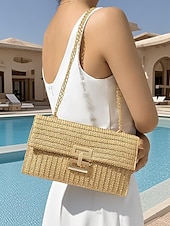 preiswerte Umhängetaschen-Damen-Umhängetasche aus gewebtem Stroh mit goldenem Kettenriemen – elegante Sommer-Clutch für Strand-, Urlaubs- und Resort-Outfits