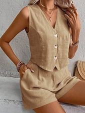 cheap Women&#039;s Blouse Suits-Women&#039;s Active Blouse Vest Shorts Sets Sleeveless V Neck Solid Color Dubbele Rij Knopen Holiday Casual Daily Black Wine Army Green Summer Regular Fit