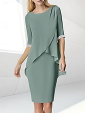 preiswerte Teelänge-Strandhochzeit Etuikleid Mutter der Braut Kleid Hochzeitsgast Eleganter Juwelenausschnitt Teelänge Chiffon halblangärmelig mit Perlen-Raffung