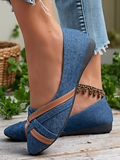 cheap Women&#039;s Flats-Women&#039;s Dark Blue Denim and Faux Leather Crisscross Flats – Vintage-Inspired Casual Ballerina Shoes for Daily Wear &amp; Weekend Styling