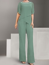 cheap Mom&#039;s Pant Suits-Pantsuit Mother of the Bride Dress Wedding Guest Elegant Simple Square Neck Floor Length Polyester Short Sleeve with Solid Color