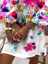 billiga Blommiga klänningar-Dam Mini klänning Solklänning A linjeklänning Semester Ledigt Boho Strand Normal Nyans Blommig Grafisk 3/4 ärm V-hals Colourful Sommar Vår