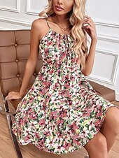 ieftine Rochii florale-Pentru femei Rochie Mini Rochie A line Rochie halter Casual În aer liber Ieșire Plajă Fit regulat Floral Fără manșon Gâtul halter Negru Roz Îmbujorat Bleumarin Portocaliu Vară