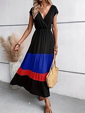 economico Abiti a Strisce e Geometrici-Per donna Abito maxi Abito a trapezio Casual All&#039;aperto Uscire Spiaggia Vestibilità comoda Grafico Manica Corta Scollo a V Blu Fucsia Marrone Estate