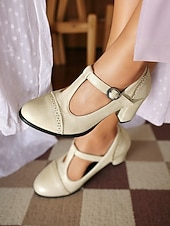 voordelige Mary Jane Pumps-Crèmekleurige Mary Jane pumps met T-bandjes en brogue-details voor dames – schoenen met hak in vintage stijl uit de jaren 30 voor feesten, bruiloften en retro-outfits