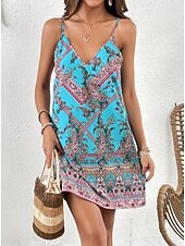 abordables Robes Boho-Femmes Mini Robe Robe trapèze Robe Nuisette Vacances Occasionnel Boho Sortir Plage Coupe Standard Graphique Tribal Sans manches Col en U Bleu Été Printemps