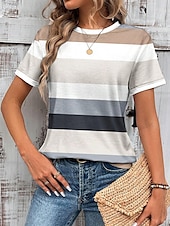 preiswerte Streifen- und geometrisches T-Shirt-Damen T Shirt Druck Grafik Geometrisch Gestreift Vintage Stilvoll Klassisch Kurzarm Rundhalsausschnitt Rundhals Normale Oberteile Täglich Gras-Grün Khaki Sommer Frühling
