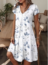 ieftine rochie florală-Pentru femei Rochie Mini Rochii Tricou Casual În aer liber Ieșire Fit regulat Grafic Frunză Manșon scurt În V Alb Vară