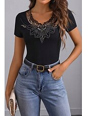 billige Plain t-skjorte-Dame Boho skjorte Bluse Blomsternål i krystall Moderne Fritid Kortermet V-hals Vanlige topper Daglig Ferie Ut på byen Lapper Broderi Svart Sommer