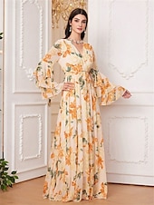 cheap Floor Length-Dress Mother of the Bride Dress Elegant V Neck Floor Length Chiffon Long Sleeve with Sash / Ribbon Ruffles Wedding Guest Dress