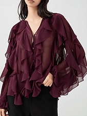 abordables Hauts sexy pour femmes-Femmes Chemise Chemisier Uni Élégant Moderne manche longue Col en V Hauts Réguliers Fête Sortir Superposé Vin Été