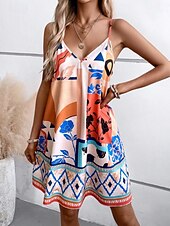 ieftine Rochie cu dungi și geometrică-Pentru femei Rochie Mini Rochie A line Rochie de vară Rochie Slip Vacanță Casual Boho Zilnic Ieșire Potrivire Largă Grafic Geometric Abstract Fără manșon În V Portocaliu Vară
