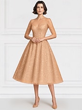 abordables Longueur du thé-Robe mère de la mariée en A bleue élégante vintage illusion col longueur cheville en chiffon à demi-manches avec broderie de sequins