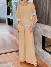 economico Tailleur pantalone della mamma-Tuta Due Pezzi Abito Madre della Sposa Elegante Vintage Semplice Scollatura Rotonda Lunghezza a Terra Chiffon Manica Mezza con Paillettes