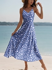 preiswerte Blumenkleider-Damen Maxikleid A Linie Kleid Sommerkleid Unterkleid Elegant Urlaub Lässig Normale Passform Blumen Grafik Ärmellos V Ausschnitt Spaghettiträger Rote Blau Purpur Grün Sommer Frühling