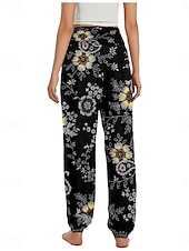 billiga Grafisk linnebyxa i bomull-Dam Linneinspirerade byxor Brett skaft Byxor Etnisk Stil Ledigt Boho Fullängd Hög midja Blommig Ficka Elastisk midja Tryck Mateial som andas Mjuk Microelastisk Utomhus Yoga Svart Rosa Marinblå Blå