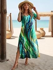 cheap Hawaiian Dress-Women&#039;s Midi Dress Sundress A Line Dress Vacation Casual Beach Going out Regular Fit Ombre Graphic Geometric Short Sleeve Crewneck Purple Green Summer
