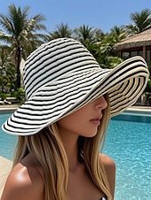 billige Damehatter-kvinners sammenleggbar solhatt med bred brem – svart og hvit stripet strandhatt, pakkebar uv-beskyttelse sommerhatt for reiser, ferie og utendørsaktiviteter