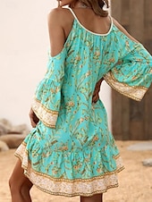 economico Abiti Boho-Per donna Mini Abito Abito a trapezio Abito Sottoveste Abito a spalle scoperte Casual All&#039;aperto Uscire Spiaggia Vestibilità comoda Floreale Grafico Manica Lunga Spalline sottili Blu marino Verde